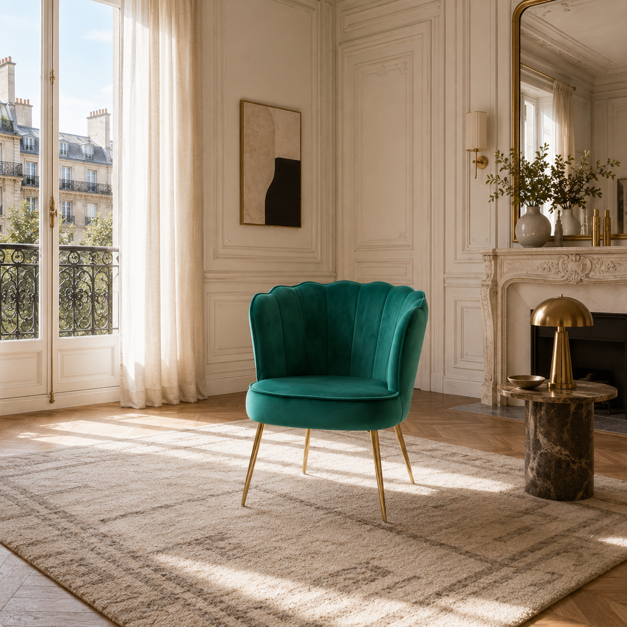 PERIDOT - Fauteuil Coquillage en velours avec pieds dores vert Fauteuil Coquillage en velours avec pieds dores PERIDOT, vue 3 – Gaucet