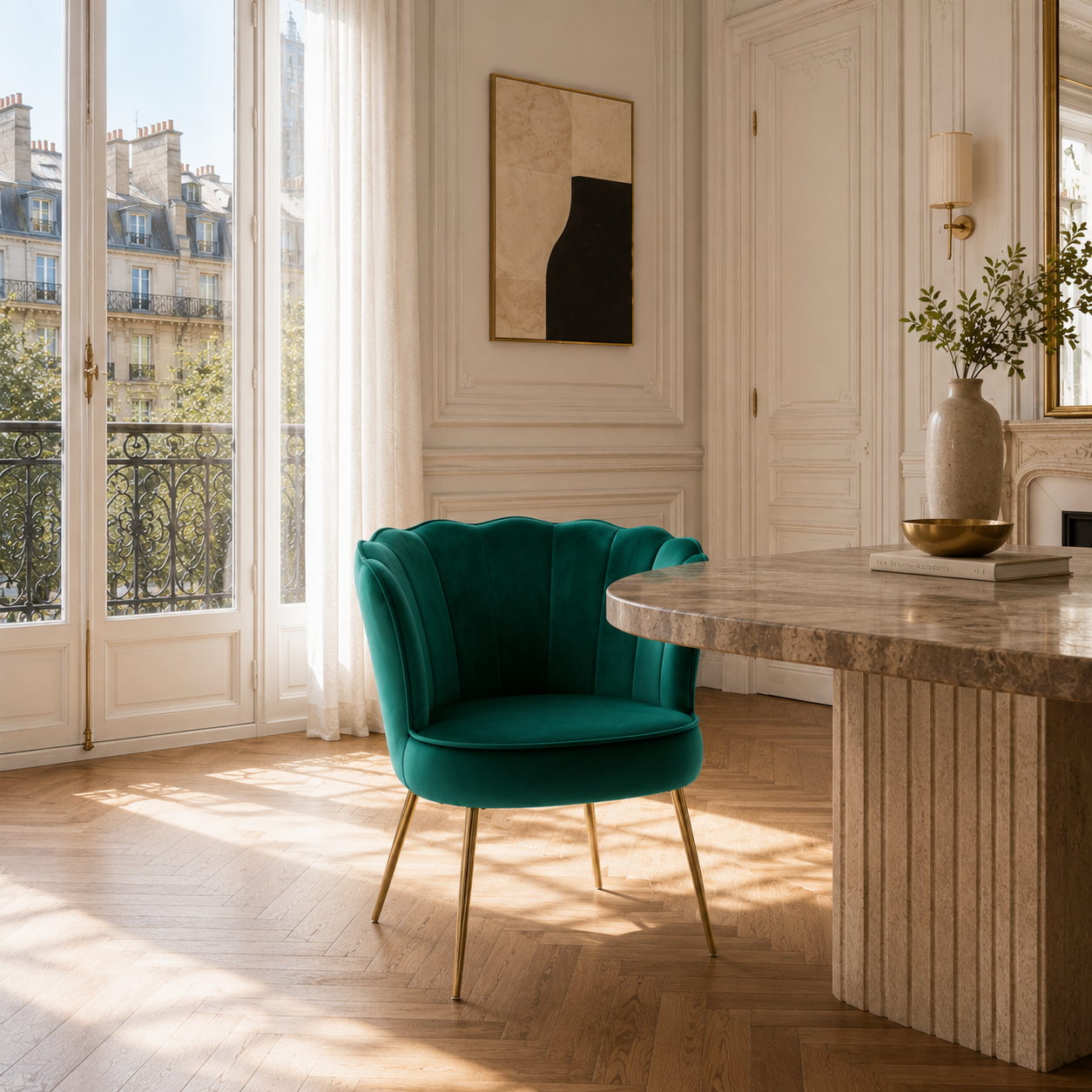 PERIDOT - Fauteuil Coquillage en velours avec pieds dores vert2 Fauteuil Coquillage en velours avec pieds dores PERIDOT, vue 2 – Gaucet