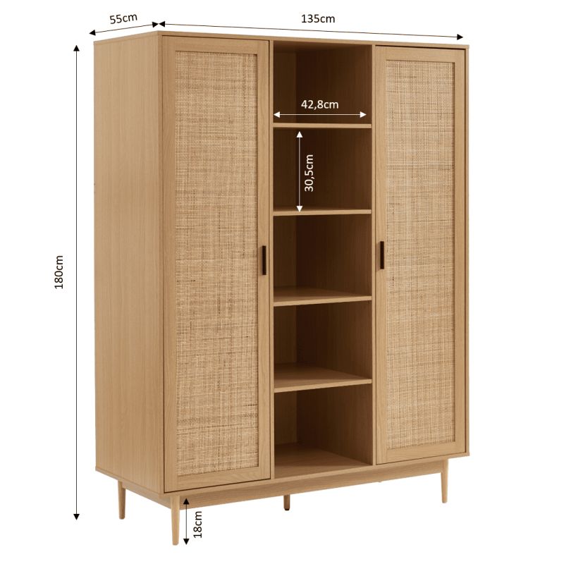 Armoire effet chêne et cannage rotin 2 portes 135 cm ZIRCON, vue 4 – Gaucet