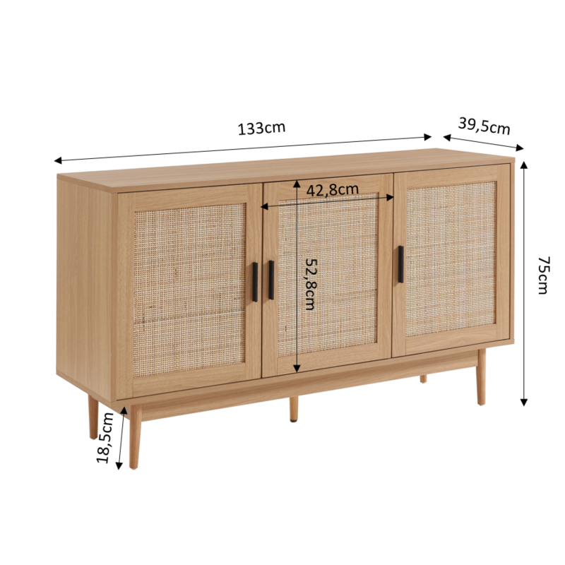 Buffet effet chêne et cannage rotin 3 portes ZIRCON, vue 5 – Gaucet