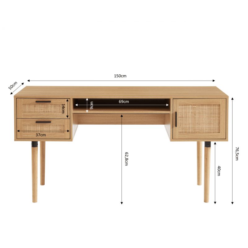Bureau droit cannage rotin 150cm ZIRCON, vue 4 – Gaucet
