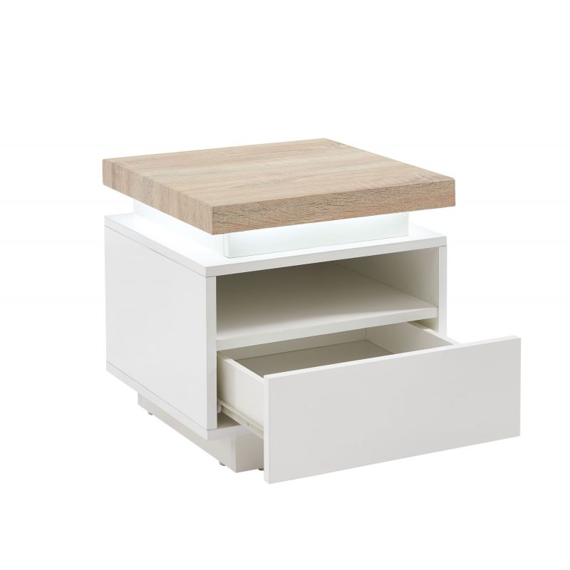 Table de chevet à LED Laqué blanc brillant et effet chêne FLUORITE, vue 3 – Gaucet
