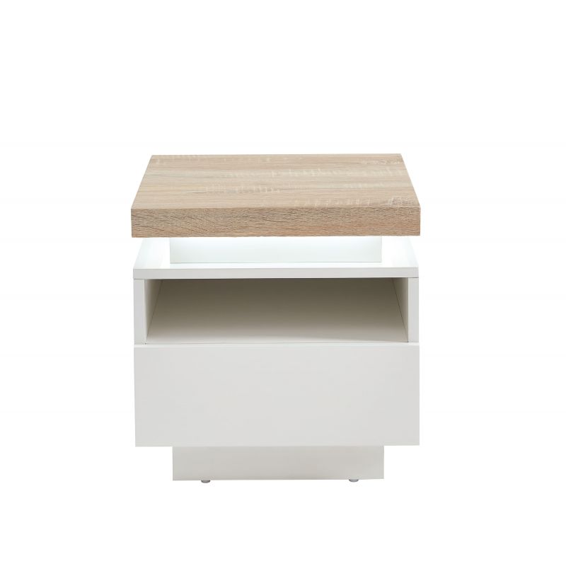 Table de chevet à LED Laqué blanc brillant et effet chêne FLUORITE – Gaucet