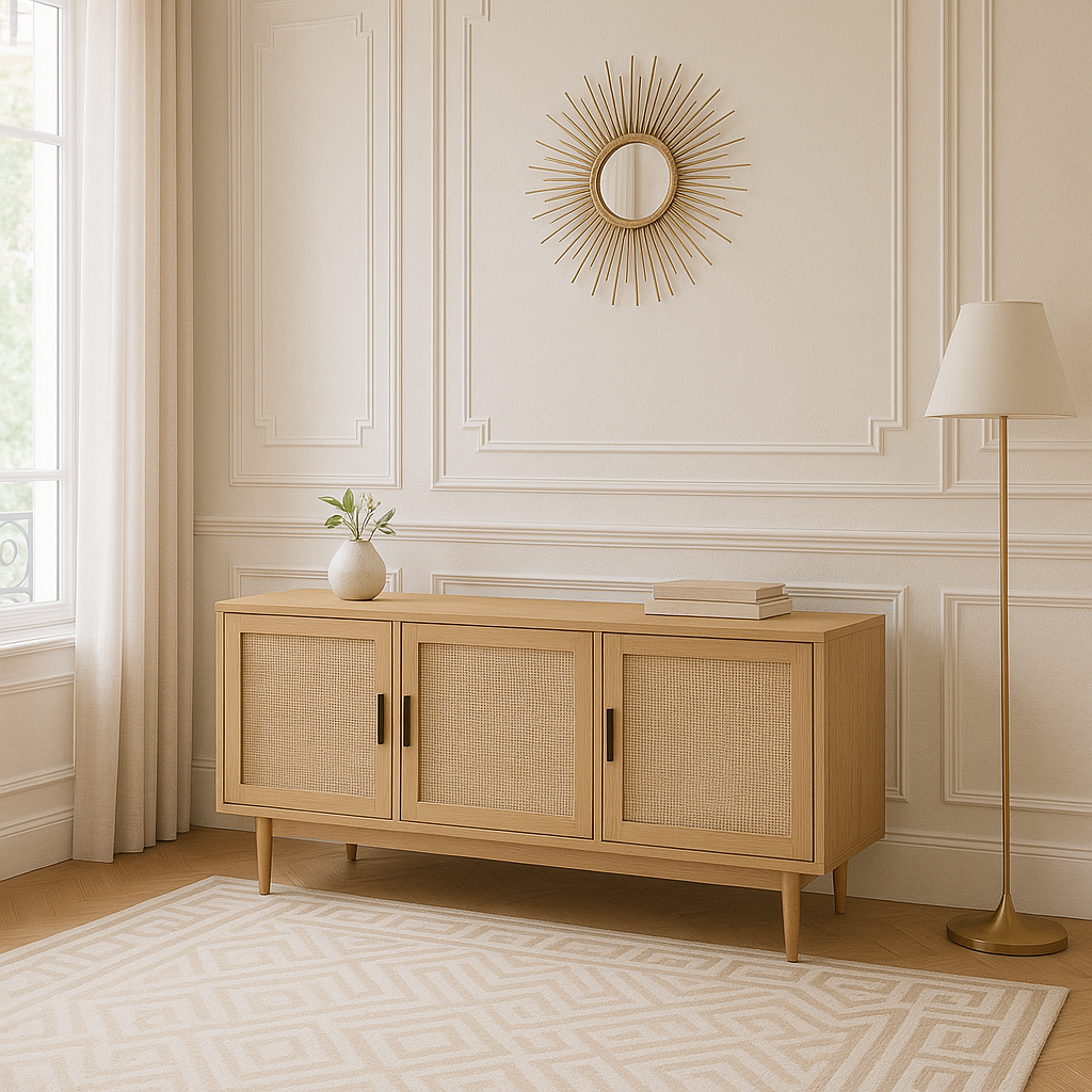 Buffet effet chêne et cannage rotin 3 portes ZIRCON, vue 2 – Gaucet