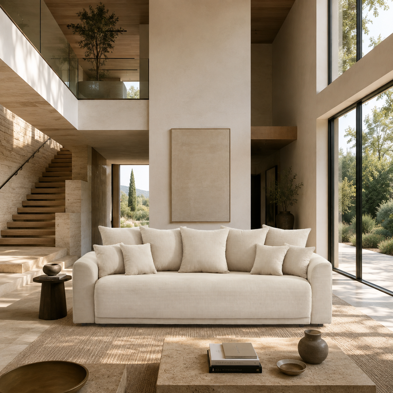 Canapé convertible ELVYN beige dans un salon lumineux