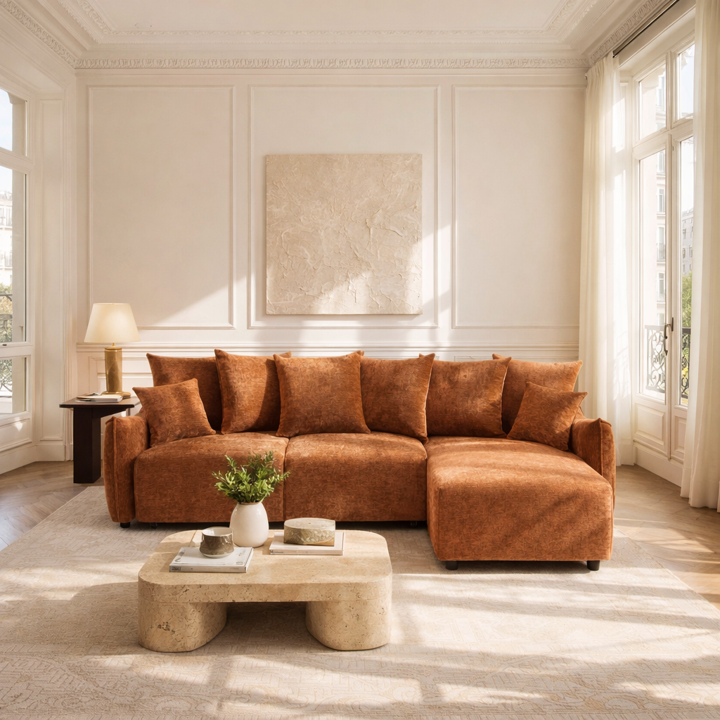 LYORA - Canapé d'angle réversible convertible tissu 4 places terracotta