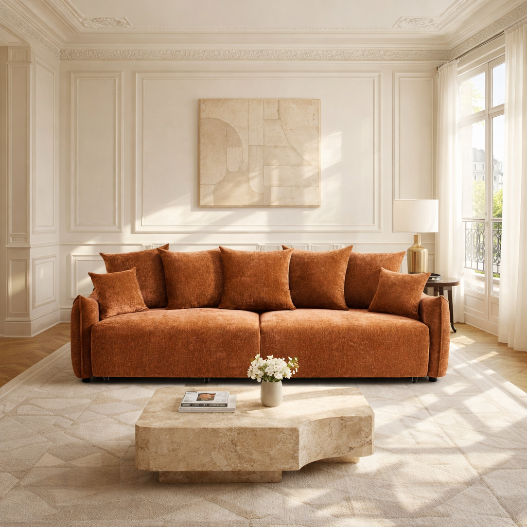 LYORA - Canapé droit convertible tissu 3 places terracotta