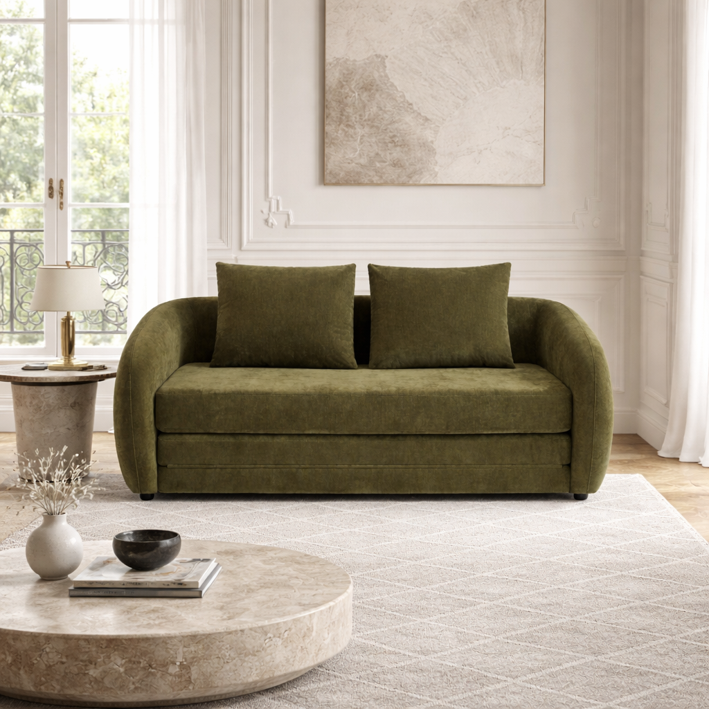 VORIN - Canapé droit convertible tissu chenille 2 places vert