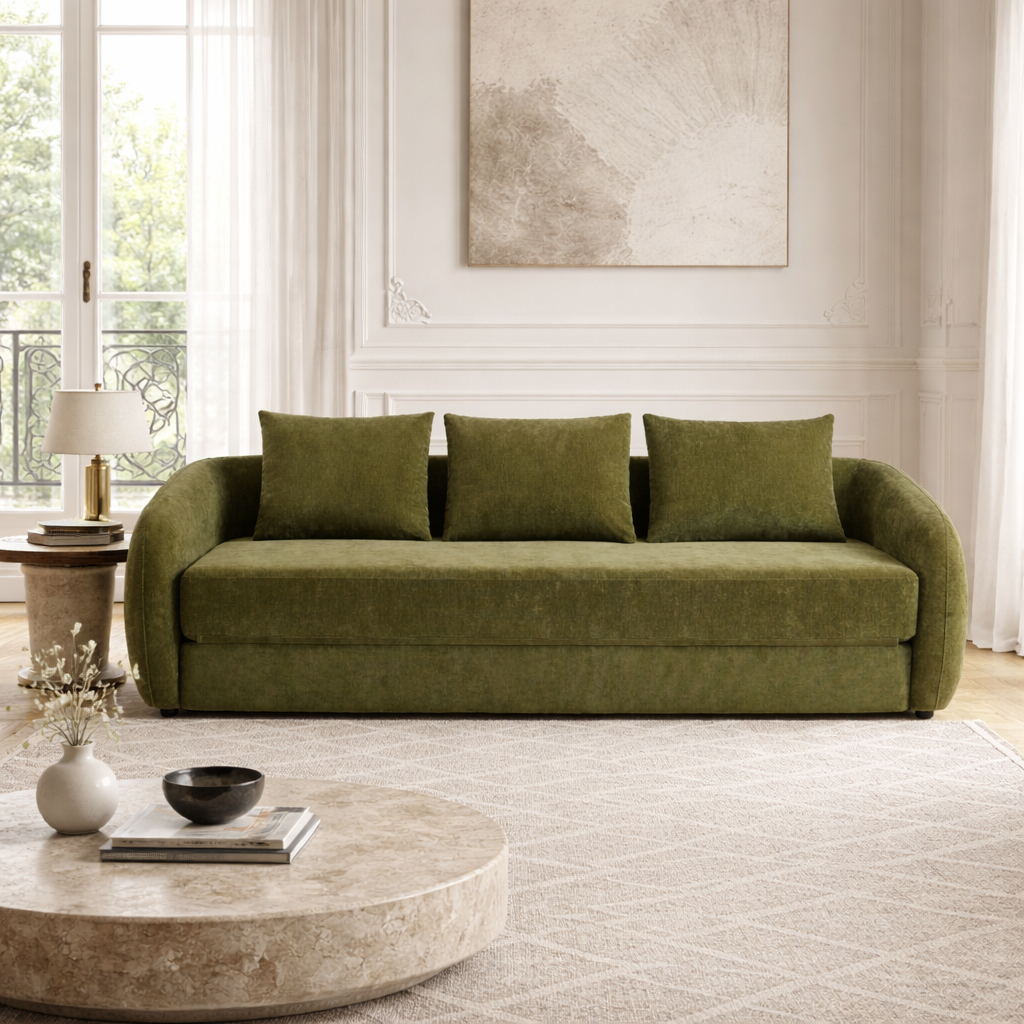 VORIN - Canapé droit convertible tissu chenille 3 places vert