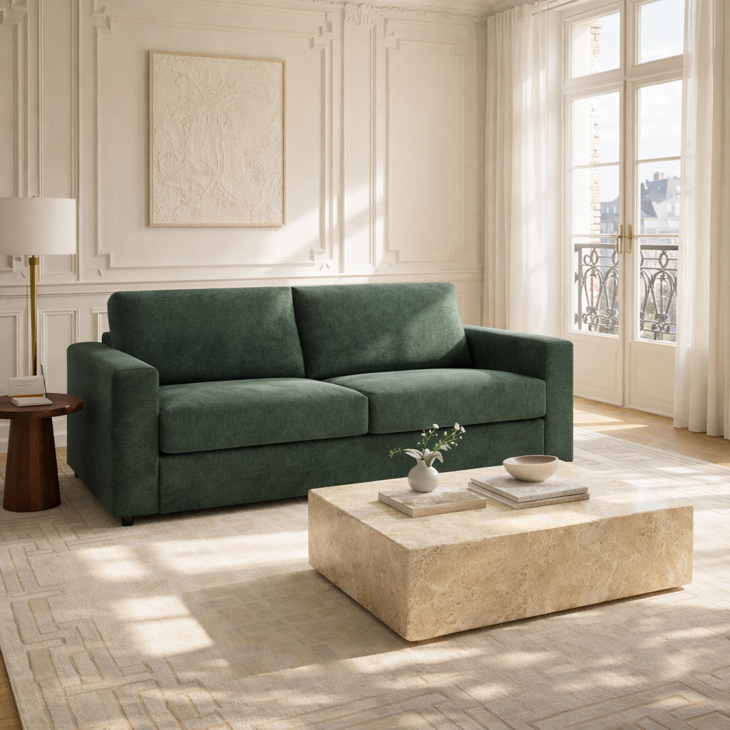 ZAYEN - Canapé droit convertible tissu 3 places vert