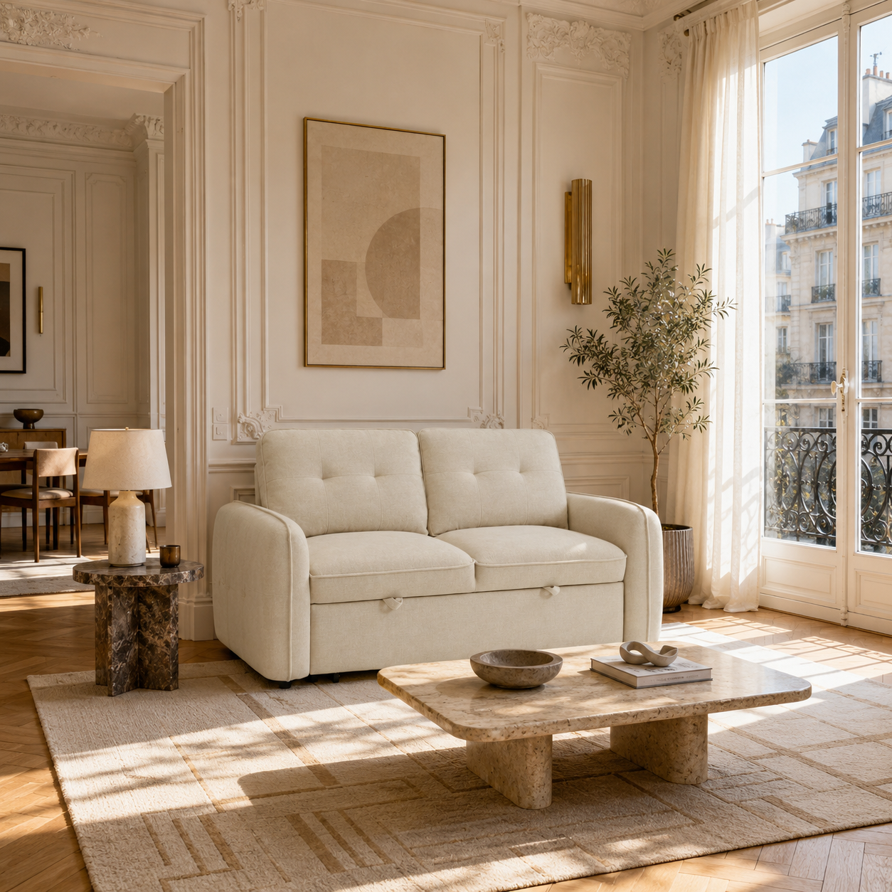 ORVEA – Canapé droit convertible chenille 2 places beige Canapé droit convertible chenille 2 places ORVEA, vue 2 – Gaucet