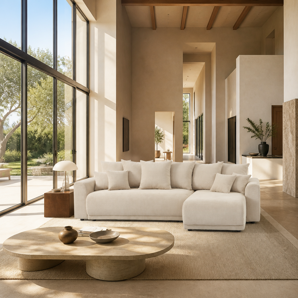 Canapé d'angle convertible velours côtelé beige dans un salon contemporain