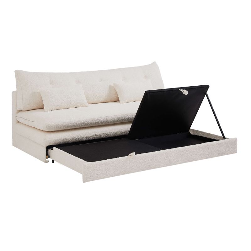 giverny-banquette-convertible-bouclette-bg-3 GIVERNY banquette convertible tissu bouclette 3 places beige – coffre de rangement ouvert