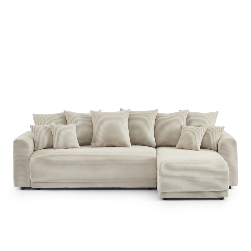 Canapé d'angle convertible velours côtelé beige, vue de trois quarts