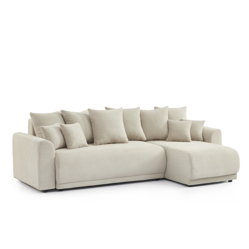 Canapé d'angle convertible velours côtelé beige, vue de trois quarts côté méridienne