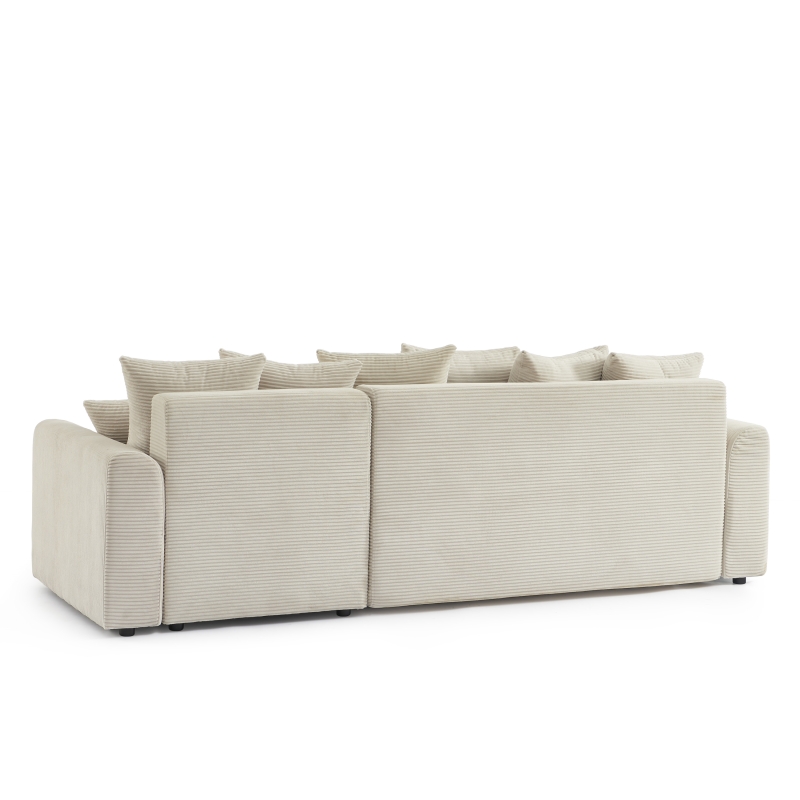Canapé d'angle convertible velours côtelé beige, vue de dos
