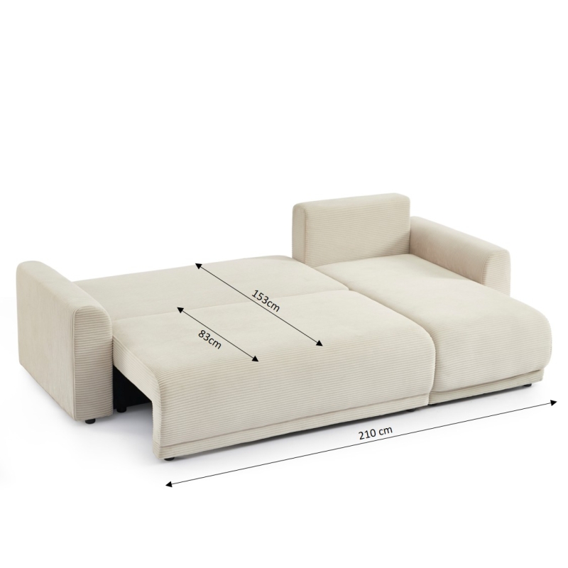 Canapé d'angle convertible velours côtelé beige déplié en lit