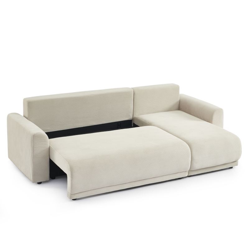 Canapé d'angle convertible velours côtelé beige, coffre de rangement ouvert