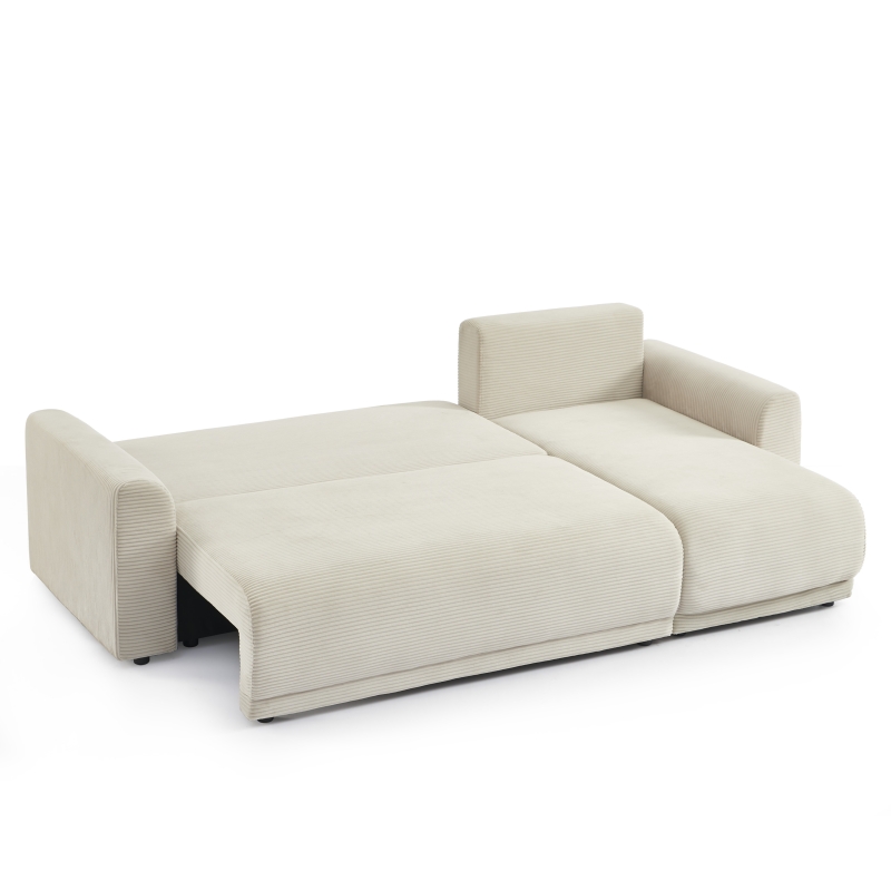 Couchage 150 x 210 cm du canapé d'angle convertible velours côtelé beige