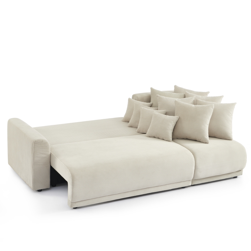 Canapé d'angle convertible velours côtelé beige déplié avec coussins