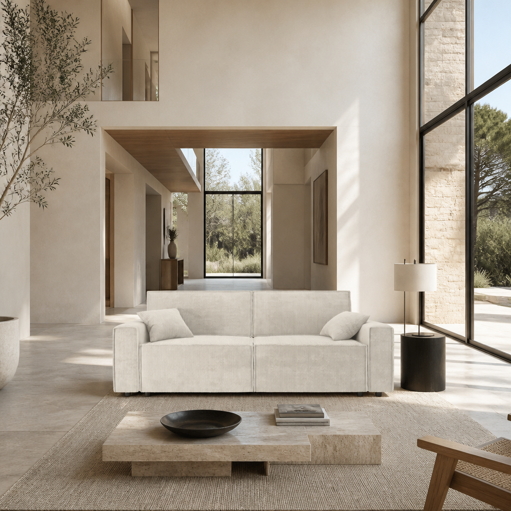 durif-beige-quietlux1 DURIF - Canapé droit convertible 3 places en velours côtelé Beige - photo d'ambiance