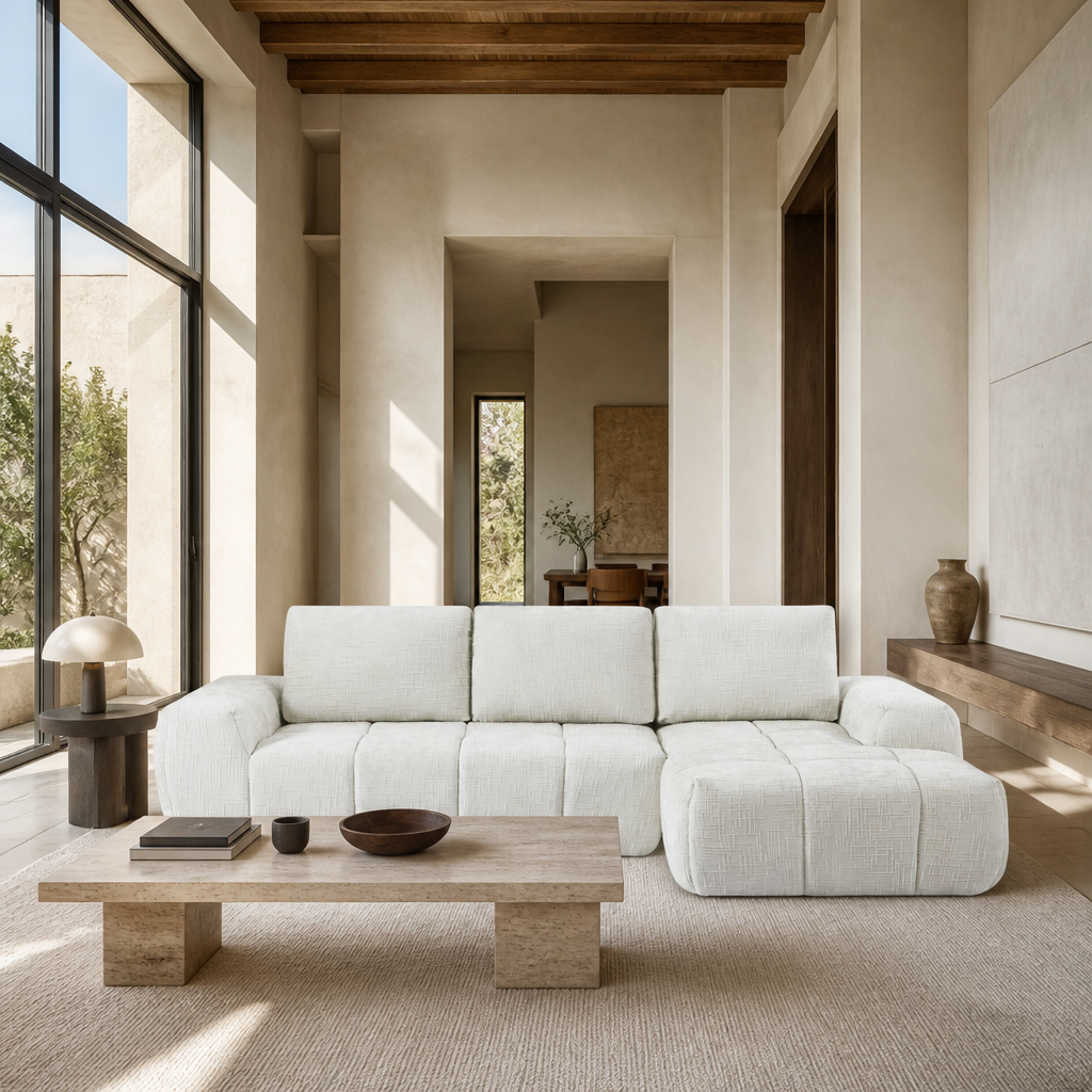 ZELYS - Canapé d'angle droit tissu 4 places Beige - photo d'ambiance
