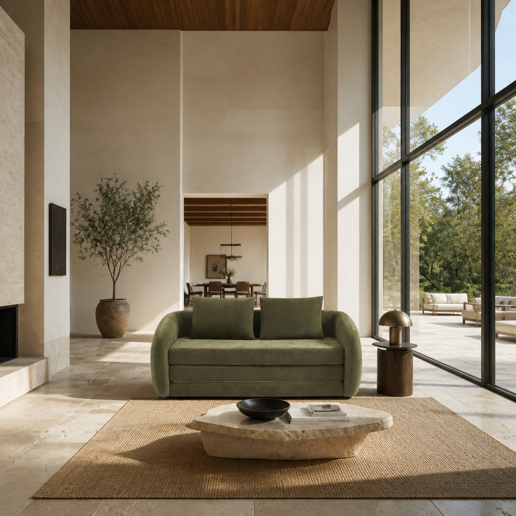 VORIN - Canapé droit convertible tissu chenille 2 places Vert - photo d'ambiance