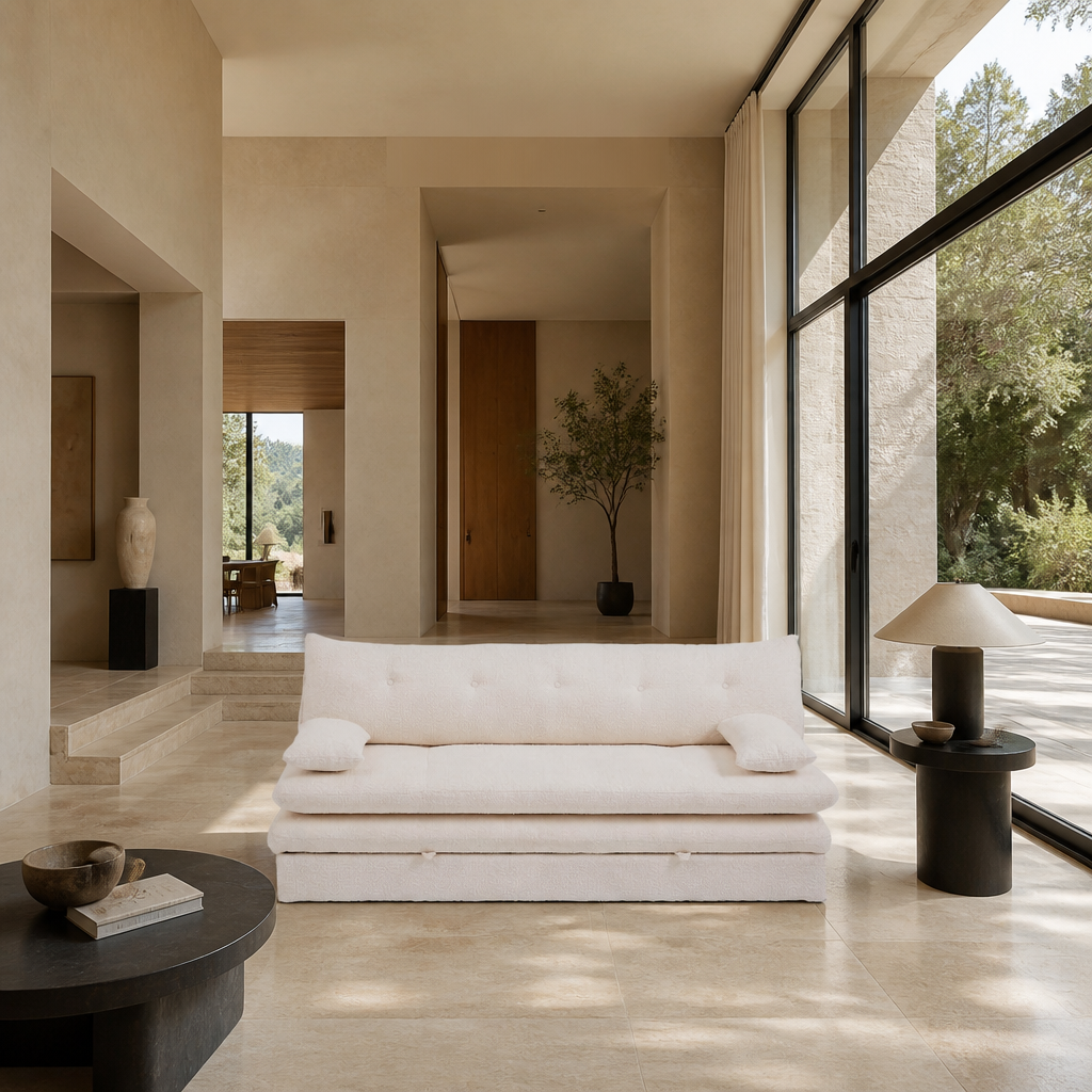giverny-beige-quietlux1 GIVERNY banquette convertible tissu bouclette 3 places beige en ambiance