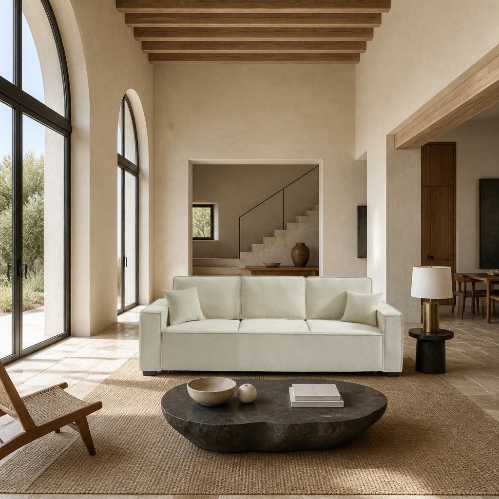 ORYON - Canapé droit convertible tissu 3 places Beige - photo d'ambiance
