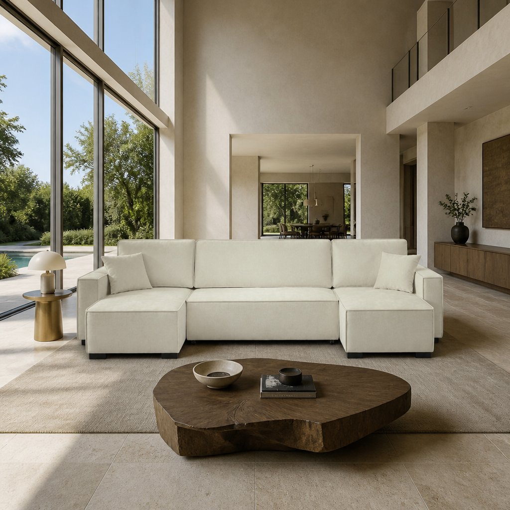 ORYON - Canapé panoramique convertible tissu 6 places Beige - photo d'ambiance
